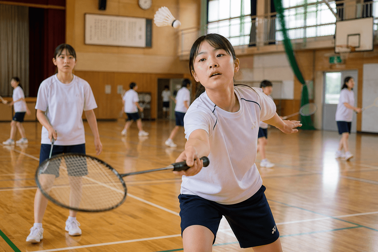 体育館で真剣にシャトルを追う中学生・高校生