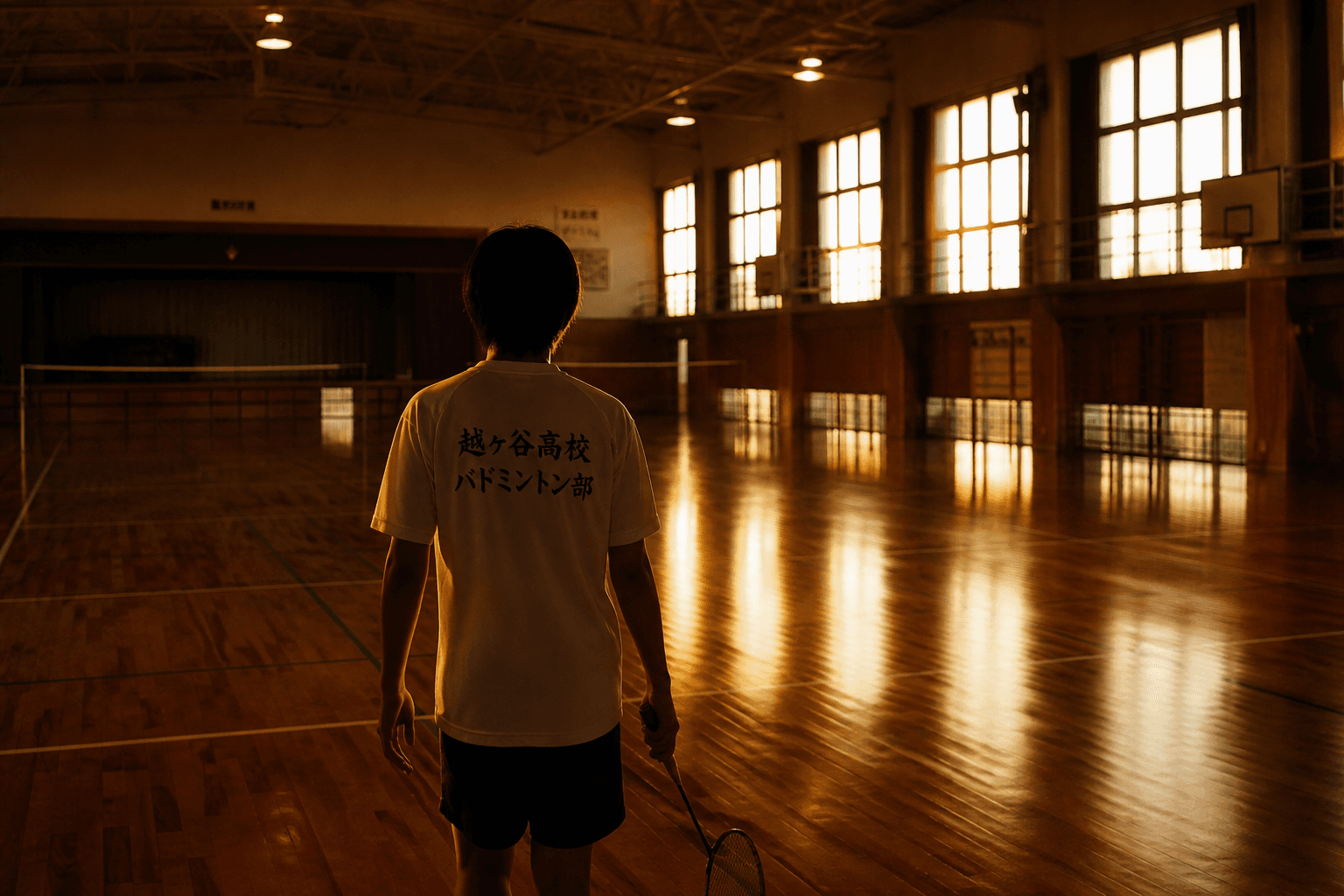 夕方の体育館で練習する学生の後ろ姿